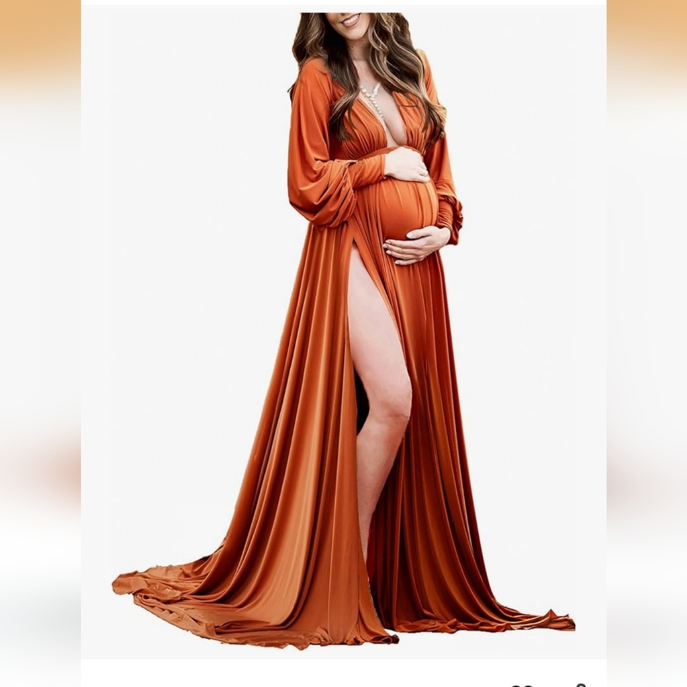 Maternity Photo Shoot Dress Long Sleeve Maxi Gown Side Splits